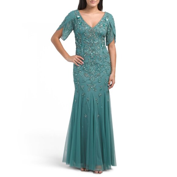 ADRIANNA PAPELL Green Short Sleeve Beaded Gown - Picture 1 of 2